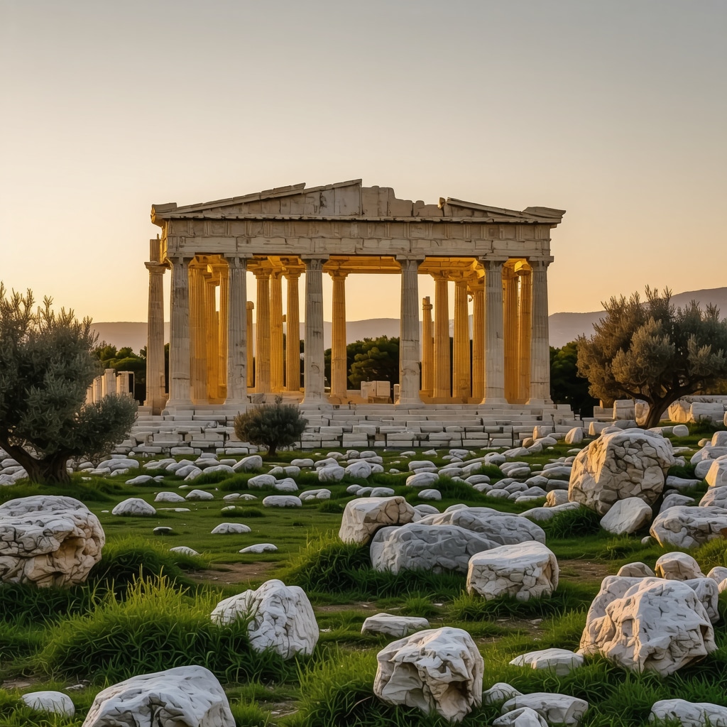 Photographer taking long exposure photo of Parthenon sunrise with olive trees in foreground