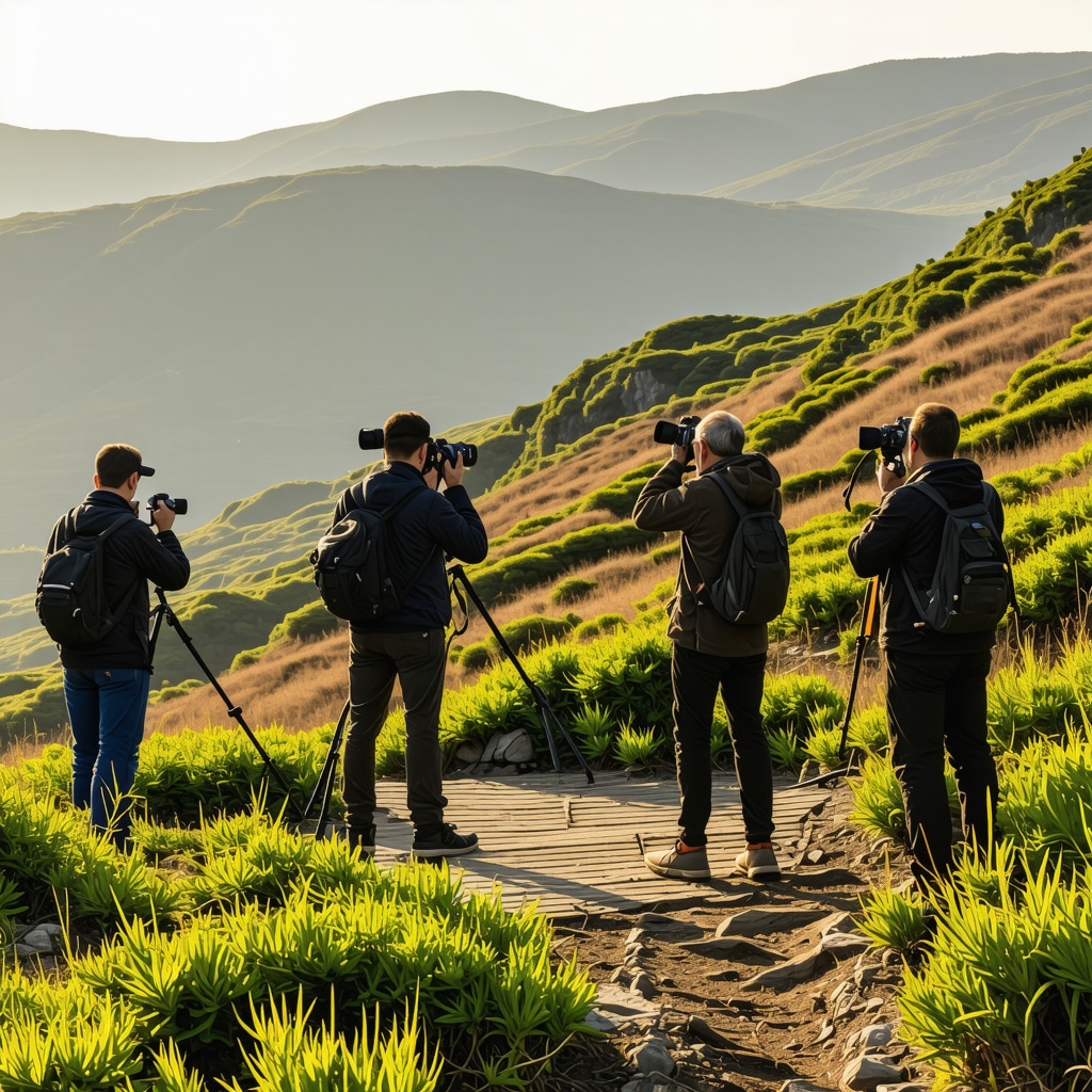 Photographers capturing sunrise panoramic view of Lovćen National Park with mountains and endemic plants