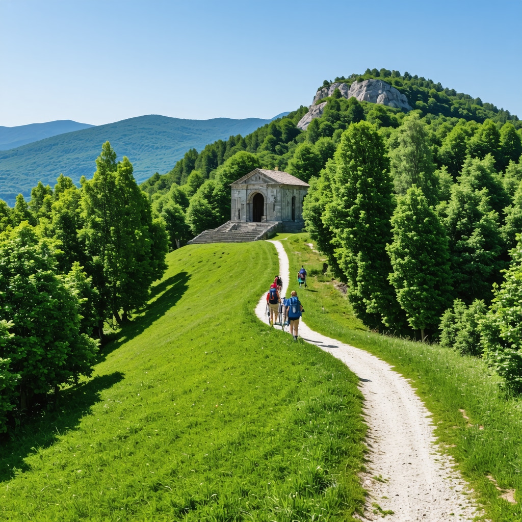 Panoramic image showing Lovćen National Park with Njegoš Mausoleum on mountain peak and hikers on trails