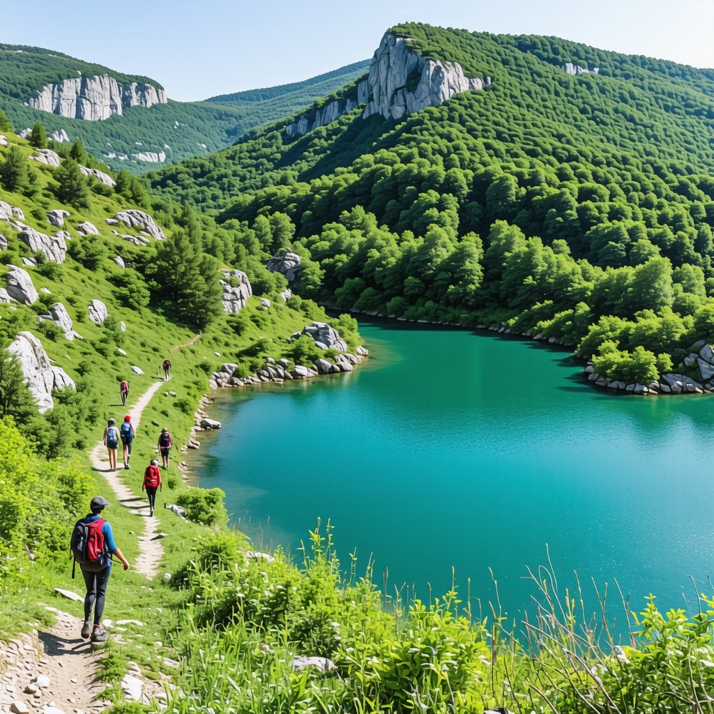 Panoramic image of Lovćen National Park featuring tourists using GPS devices on sustainable trails with visible flora and heritage sites