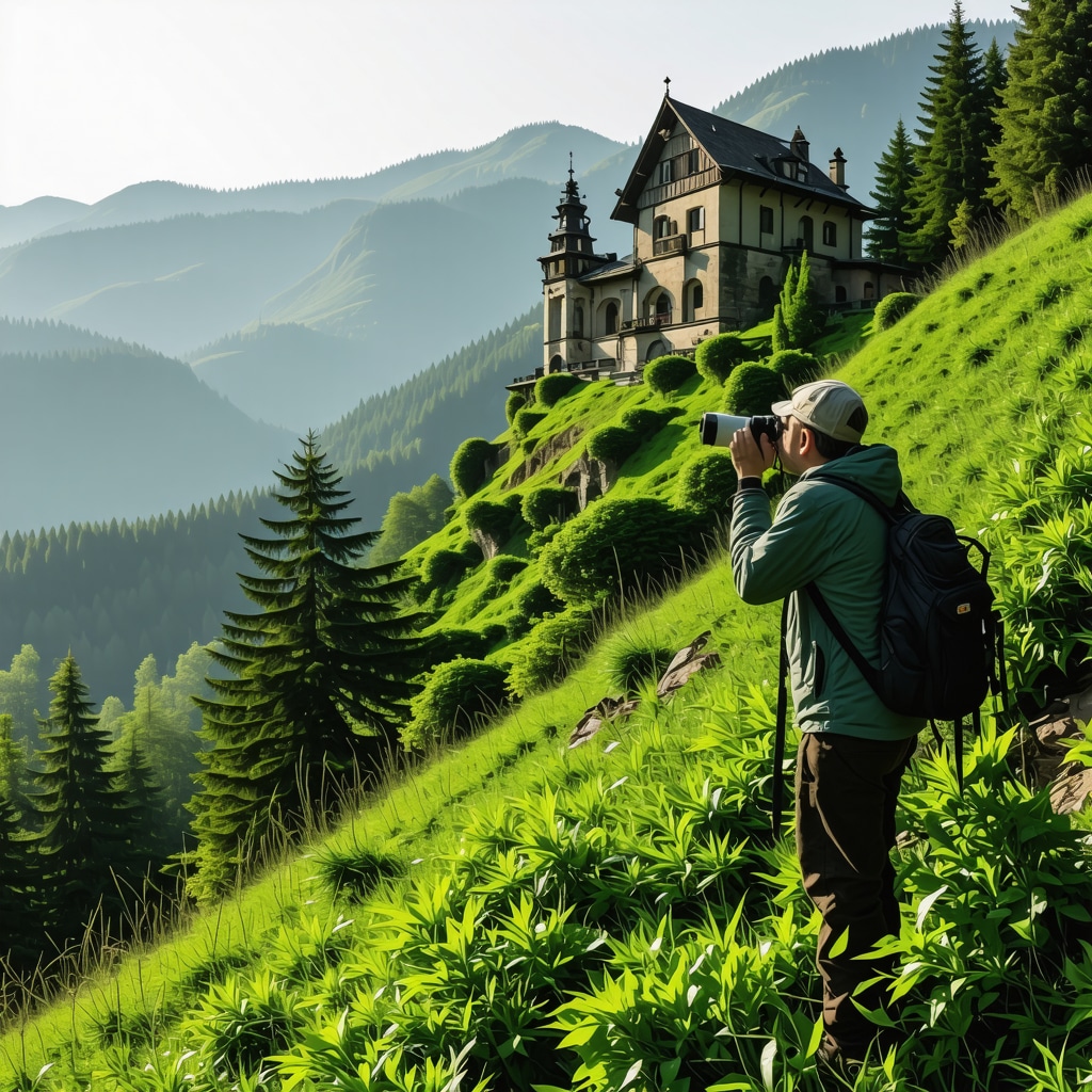 Carpathian Mountains landscape with Peles Castle and birdwatcher using binoculars at dawn