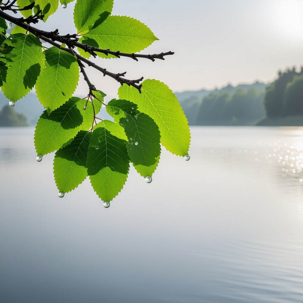 Close-up of dew drops on leaves with misty Plitvička Lakes in the background during early morning light
