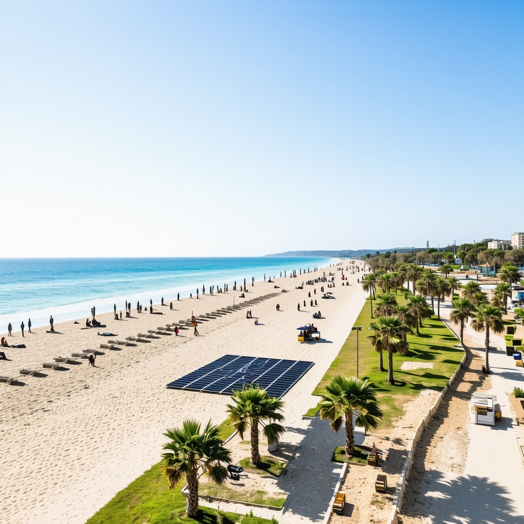 Panoramic view of Mamaia beaches with eco-friendly technology and sustainable tourism elements
