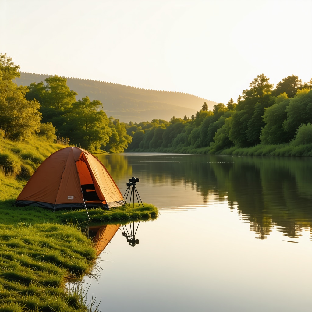 Sunrise at Maribor campsite near Drava River with tent and photography equipment