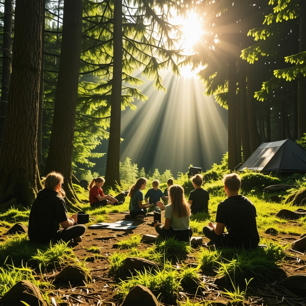 Campers practicing guided nature therapy at an eco-friendly campsite in Maribor surrounded by forest and solar panels
