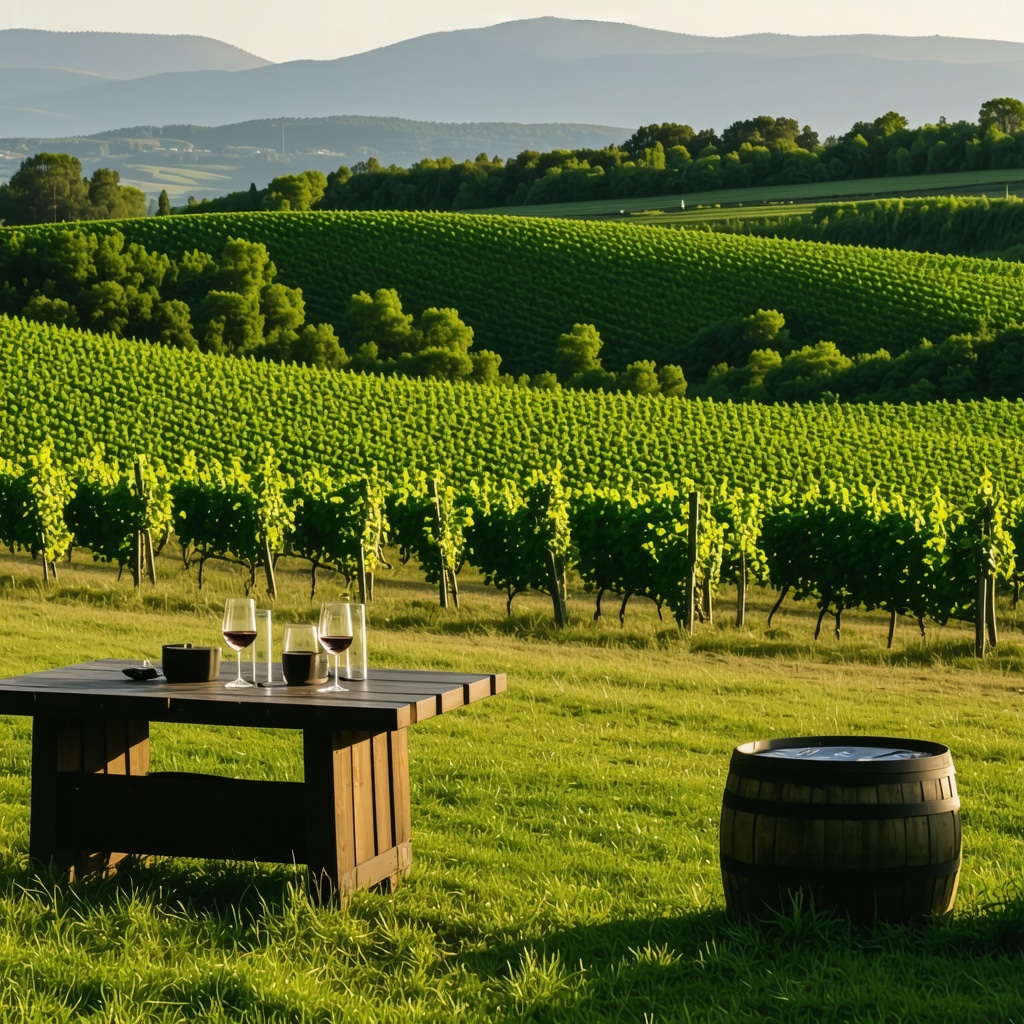 Early morning vineyard scene with wine glasses and rolling hills in Maribor