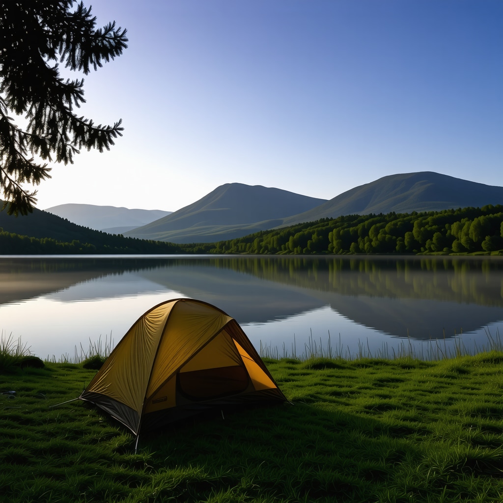 Tent pitched by Mavrovo Lake at dawn with mist and forested mountains in background