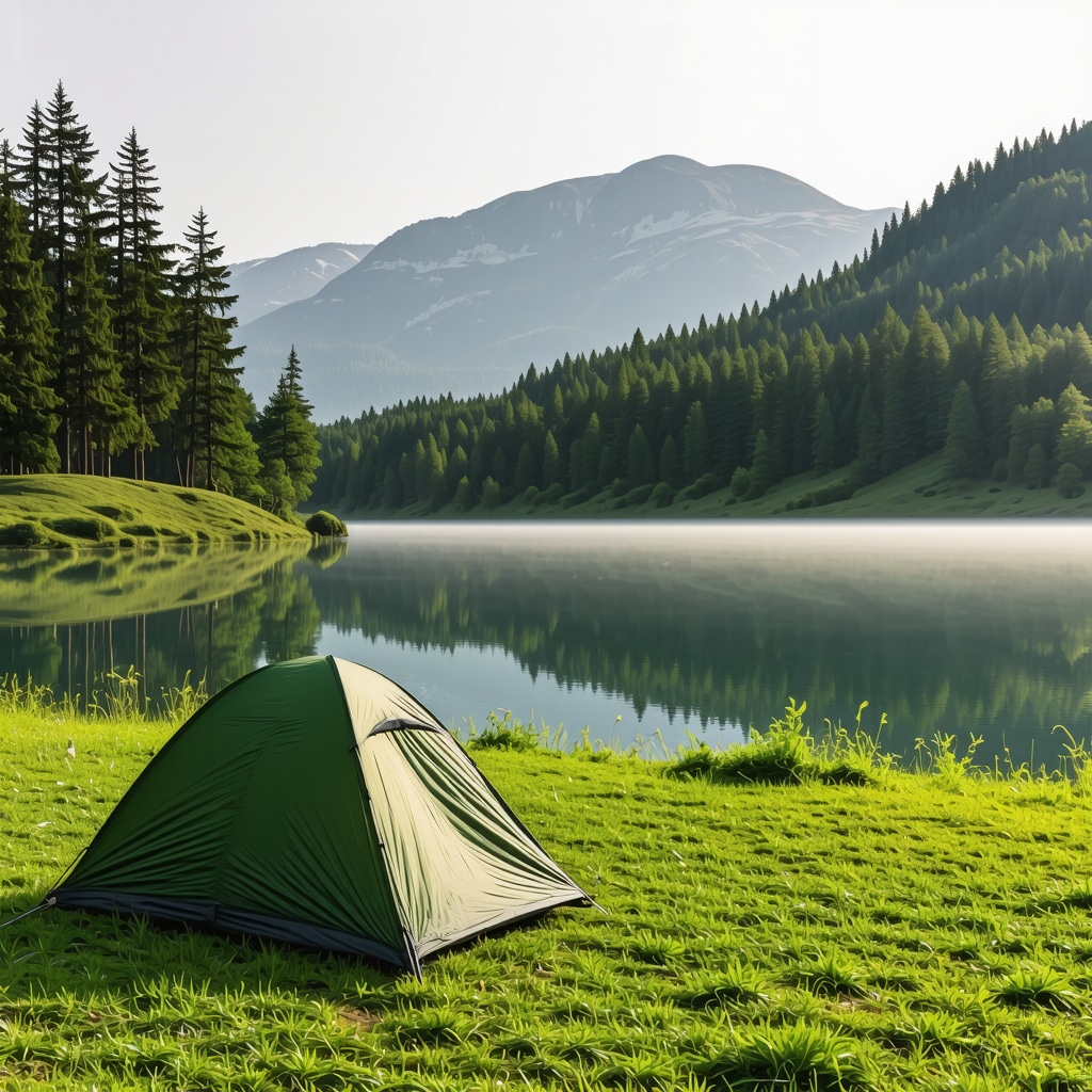 Calm campsite with tent, lake, pine trees, and misty mountains in Mavrovo National Park at dawn