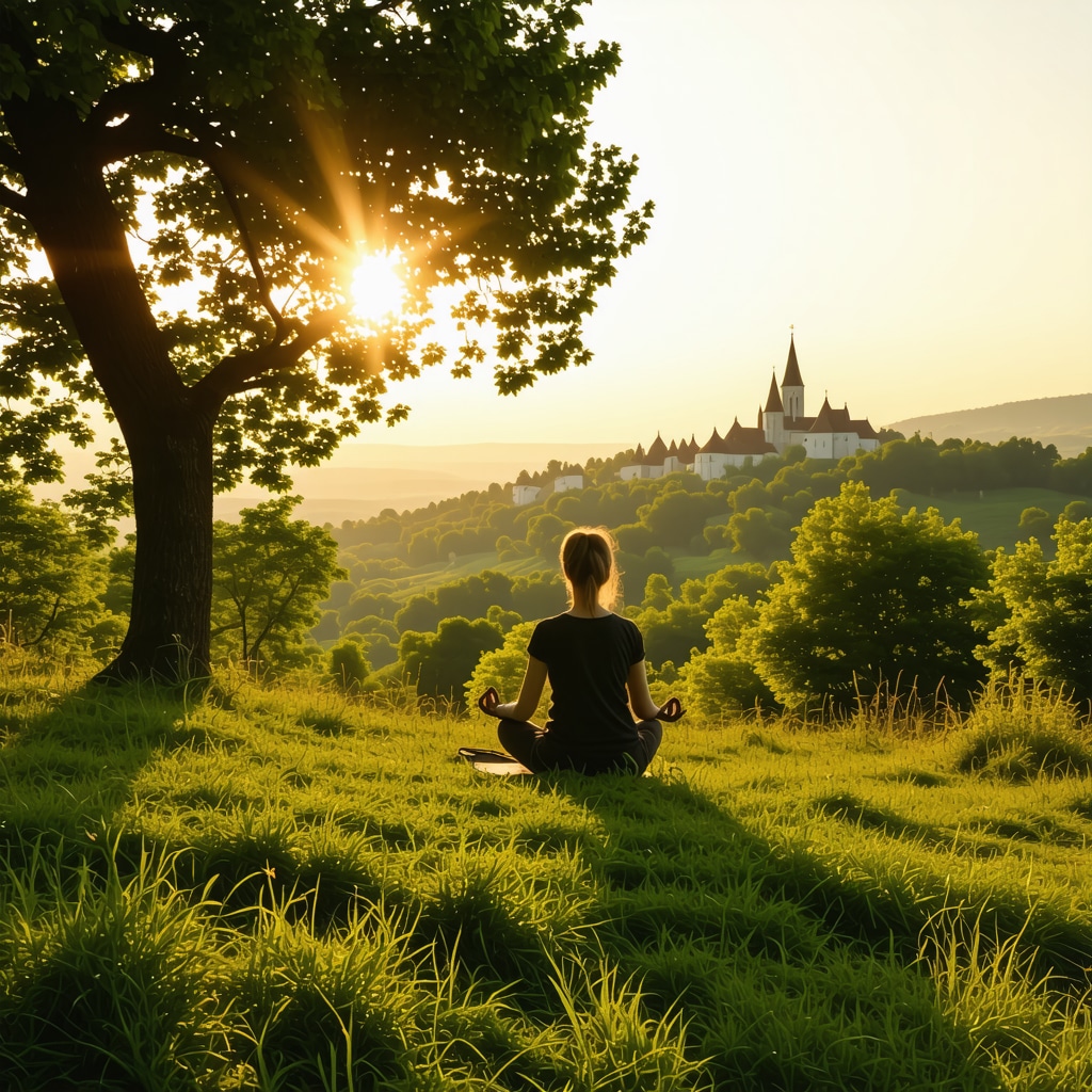 Person meditating at sunrise on Podbrdo Hill in Međugorje with natural and spiritual backdrop