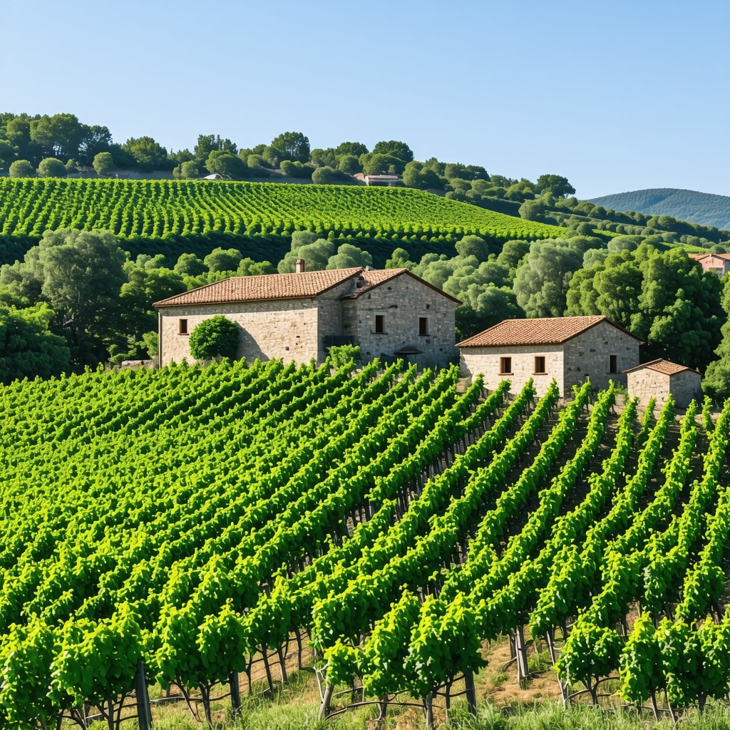 Panoramic view of Melnik vineyards with traditional stone houses and rolling hills under clear skies
