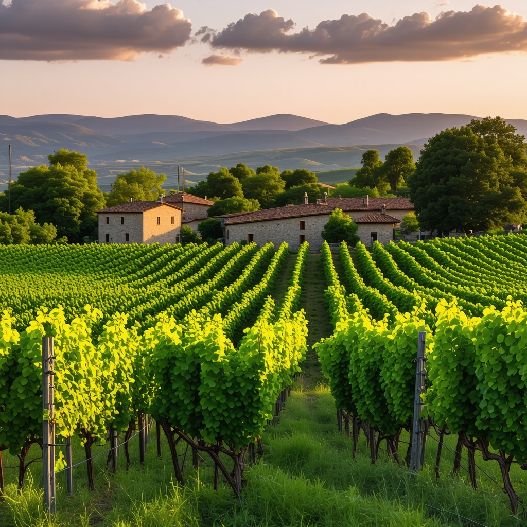 Sunset view of Melnik vineyard with stone houses and Rhodope mountains