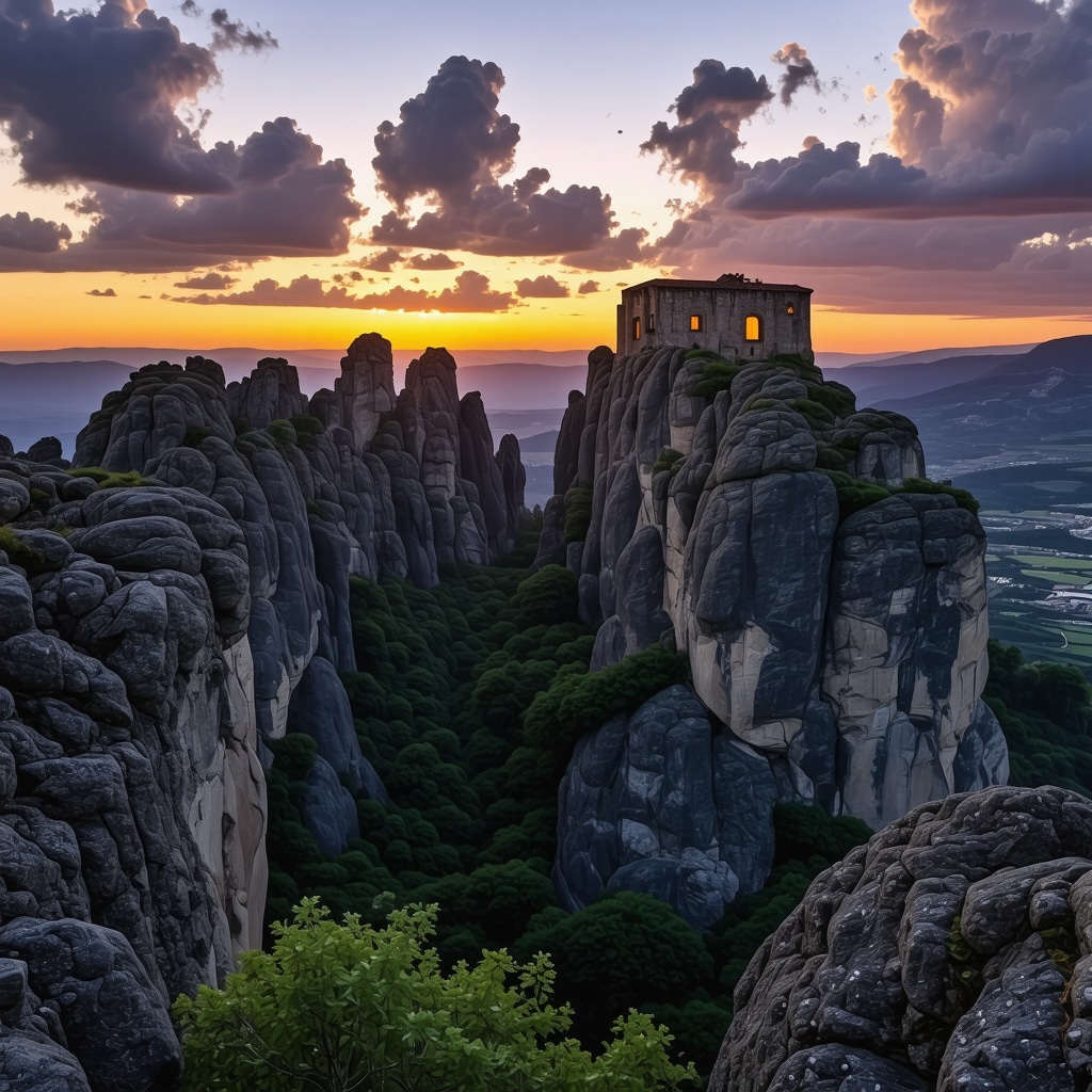 Meteora kaya oluşumları ve manastırların günbatımında renkli gökyüzü siluetinde görünümü