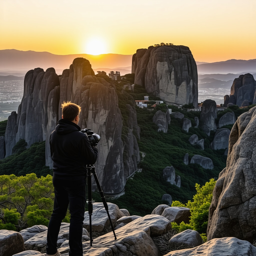 Photographer capturing golden hour sunset over Meteora rock formations and monasteries