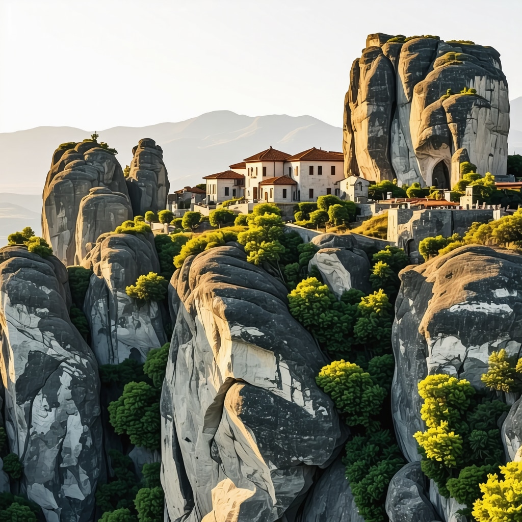 Panoramic Meteora rock formations with monasteries and digital augmented reality tourism symbols