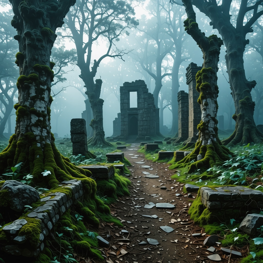 Misty forest trail with ancient ruins and morning light in Devil's City