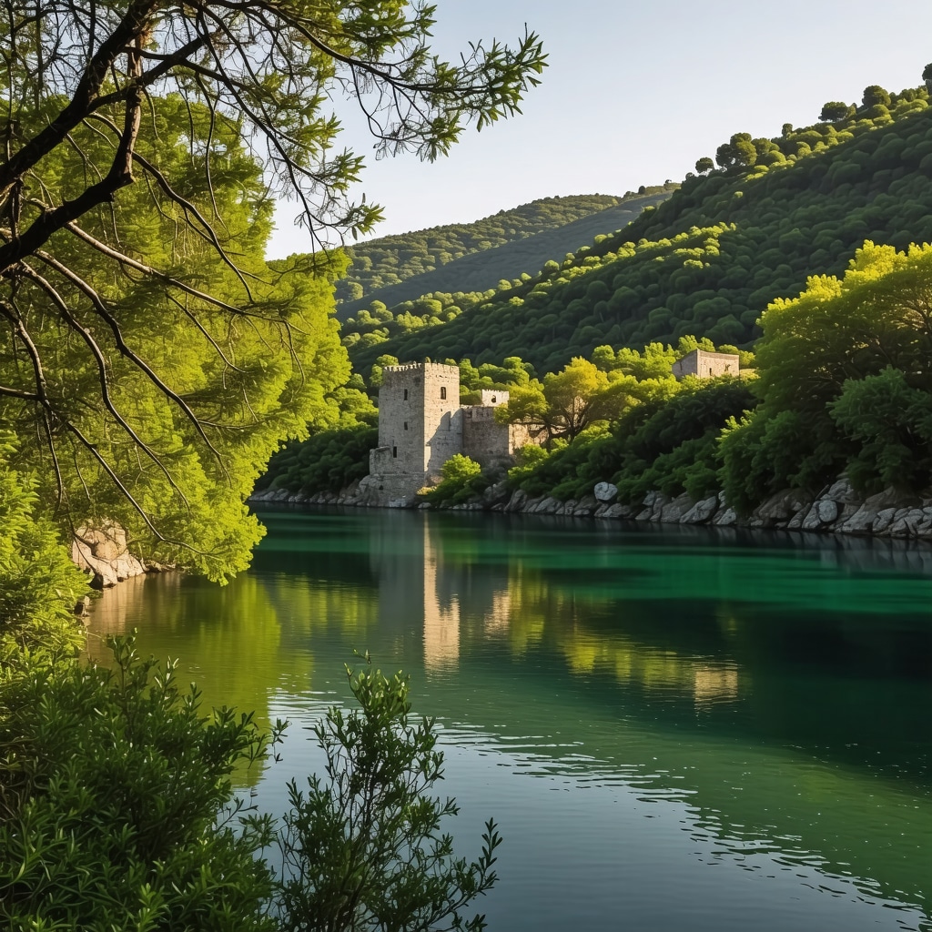 Lush green forests and saltwater lakes of Mljet Island with monastery ruins bathed in golden sunlight