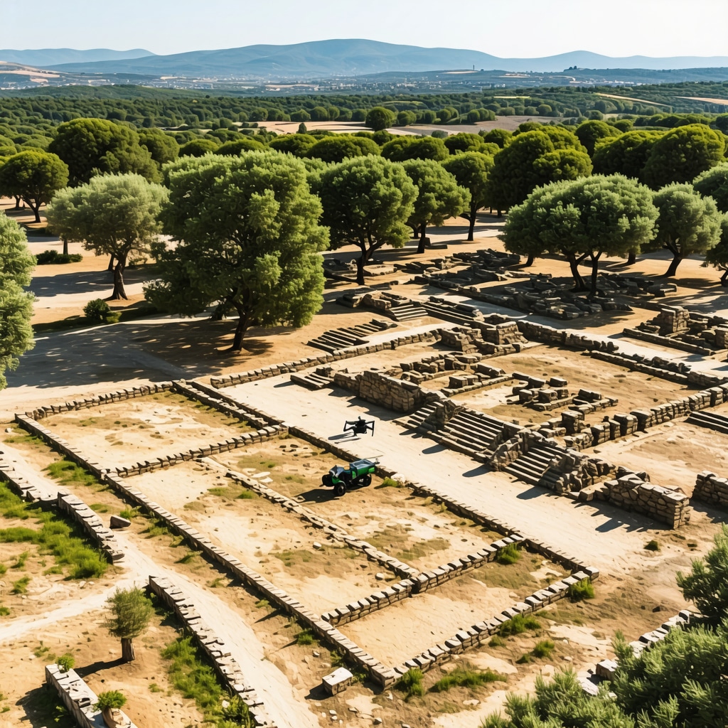 Aerial shot of Apollonia archaeological site with excavation and modern technology equipment in natural landscape