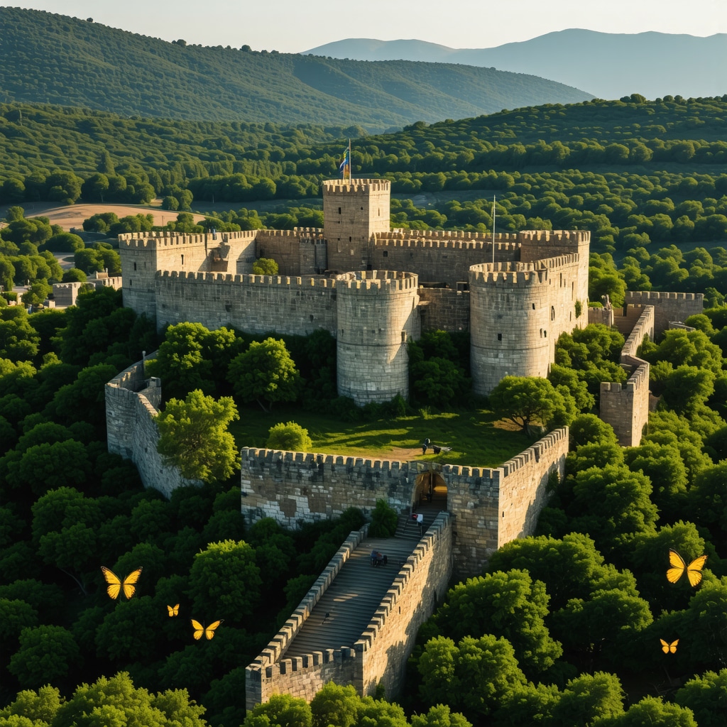 Aerial image of Rhodes Castle with 3D scanning equipment and adjacent green nature parks with butterflies
