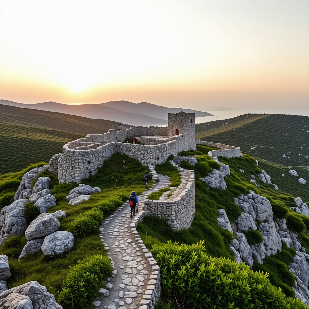 Aerial view of Monolithos Castle and surrounding nature with hikers at sunset in Rhodes