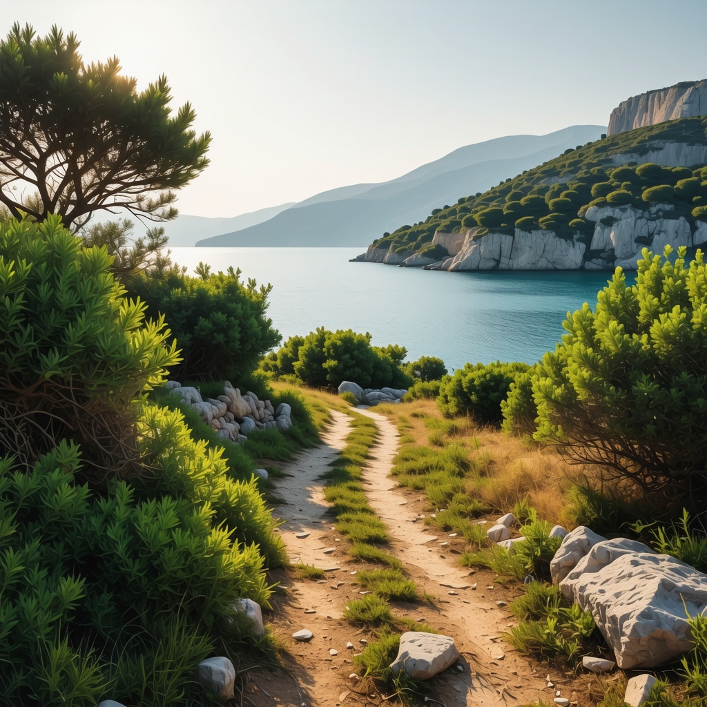 Early morning coastal path with Mediterranean plants and calm sea in Sveti Stefan