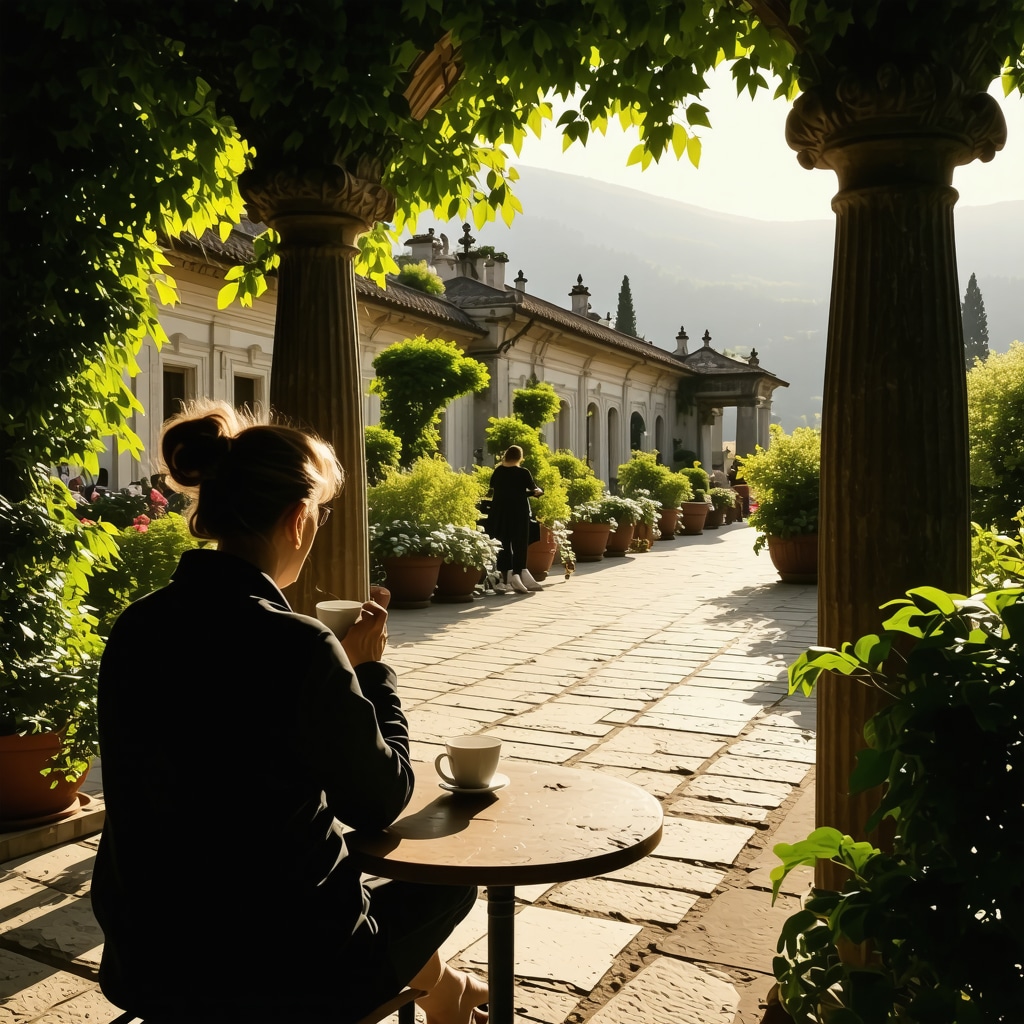 Person enjoying morning coffee in the garden of Cetinje's Royal Palace with historic buildings and greenery