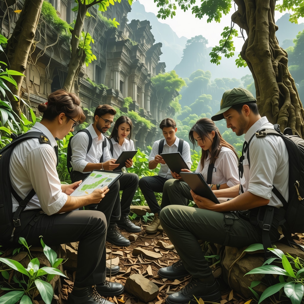 Team of ecologists and archaeologists using GIS technology and tablets in Đerdap National Park near ancient ruins