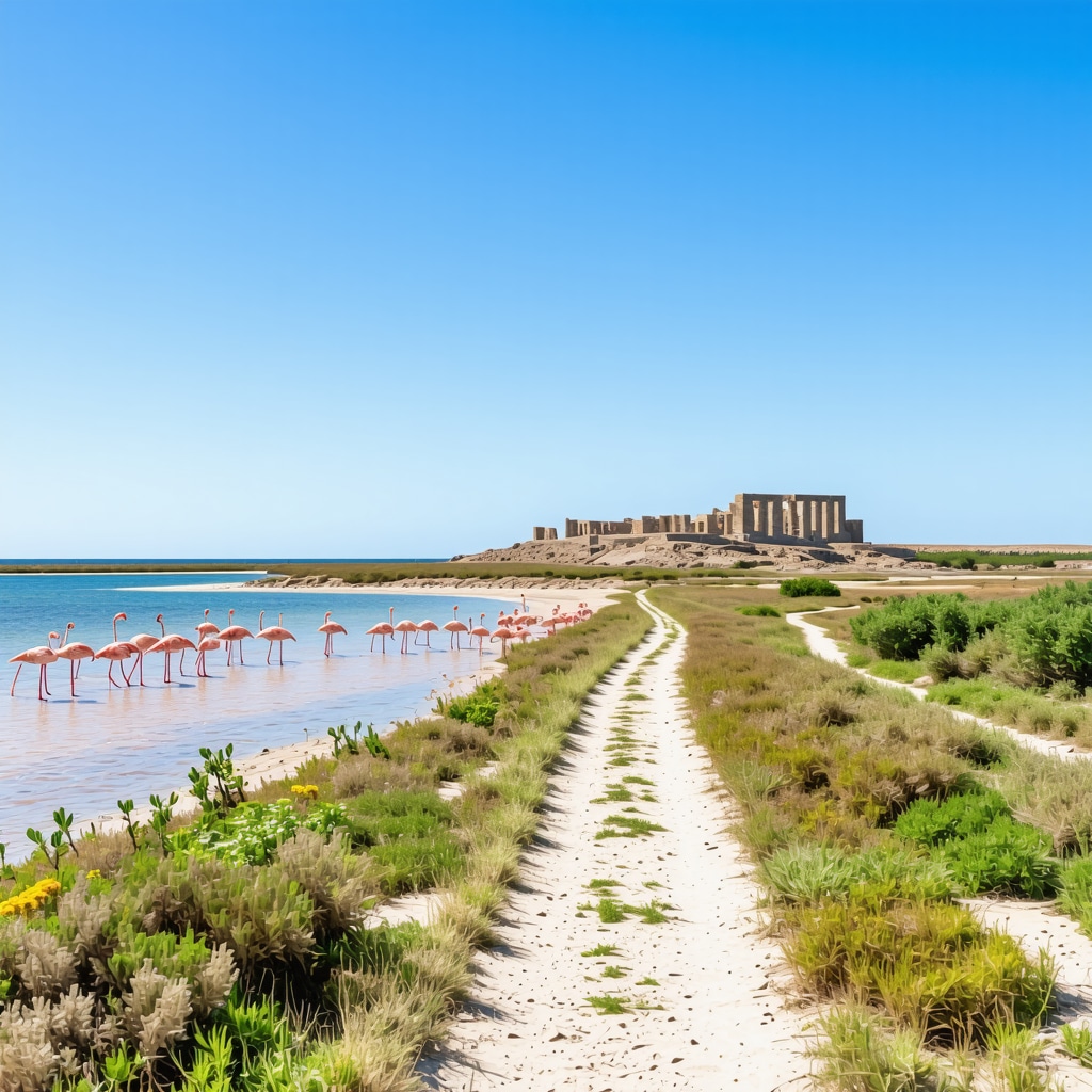 Panoramic image of Nin's salt pans with flamingos and ancient ruins along walking trails under blue sky