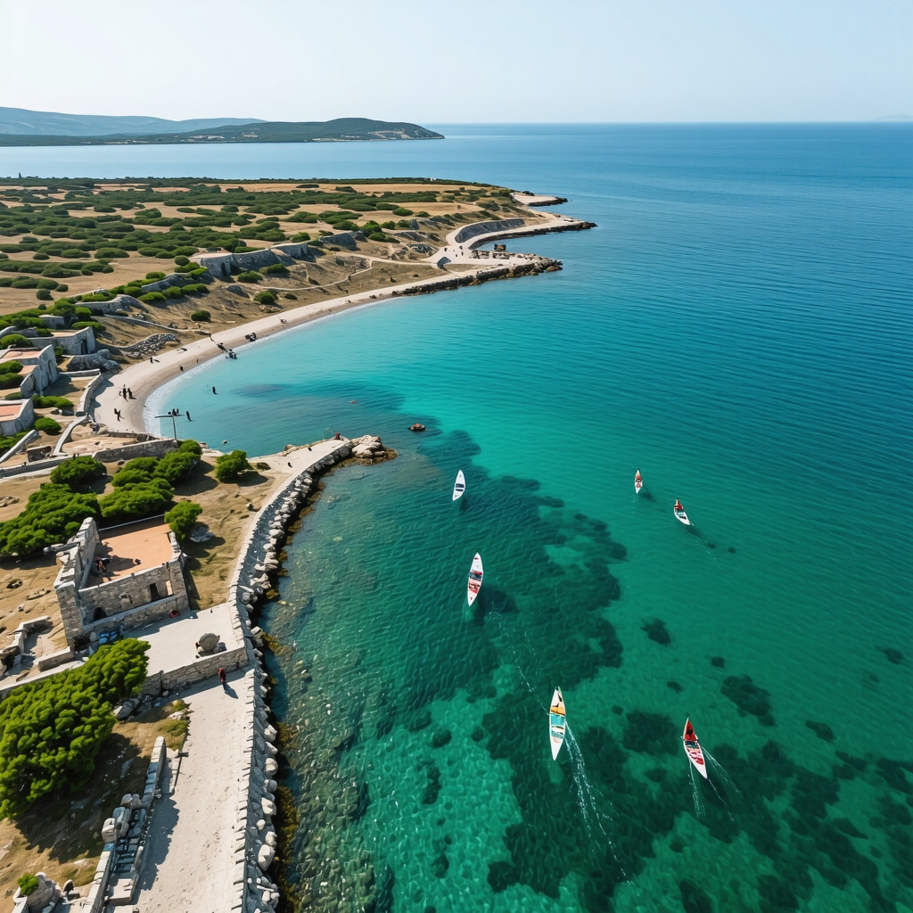Aerial photo of Nin coastline featuring historical sites, salt marshes, and windsurfing activities