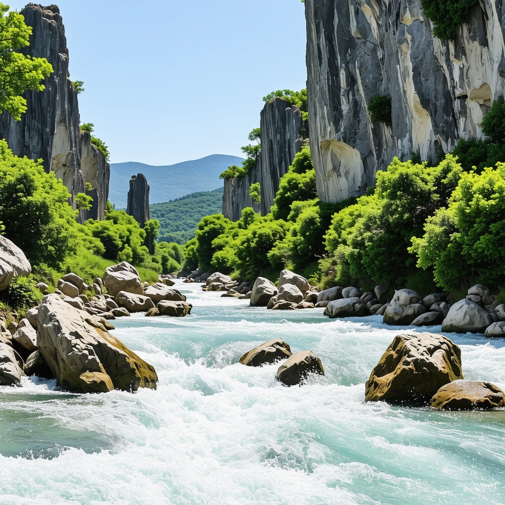 Panoramic landscape of Niš nature trails with limestone rocks and Nišava River