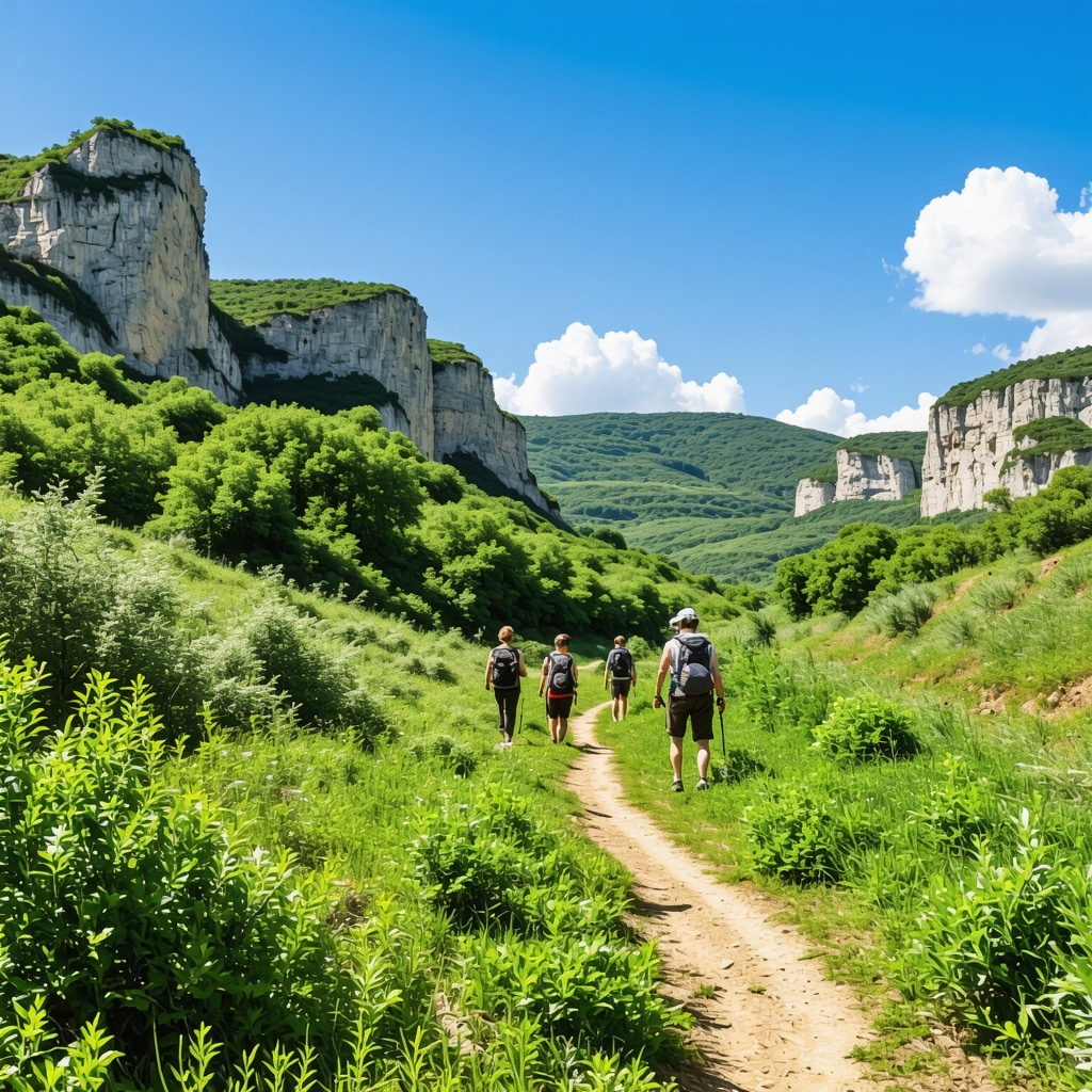 Landscape of Niš showing limestone cliffs, river valleys, and hikers illustrating biodiversity and sustainable tourism