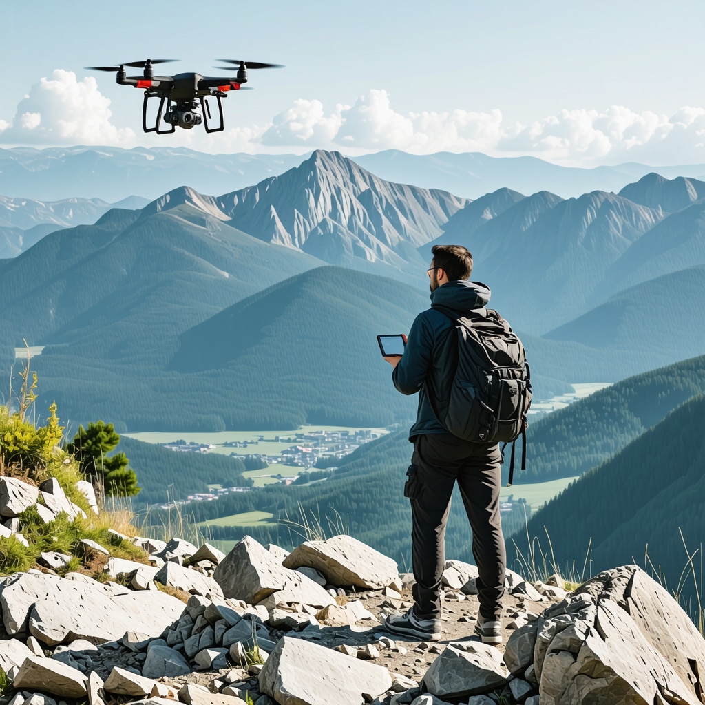 Hiker navigating mountain terrain with GPS device and drone flying above in Novi Pazar