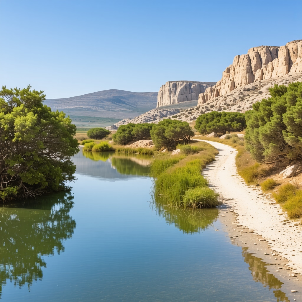 Natural hiking trails on Pag Island passing through salt marshes and Mediterranean vegetation under clear sky