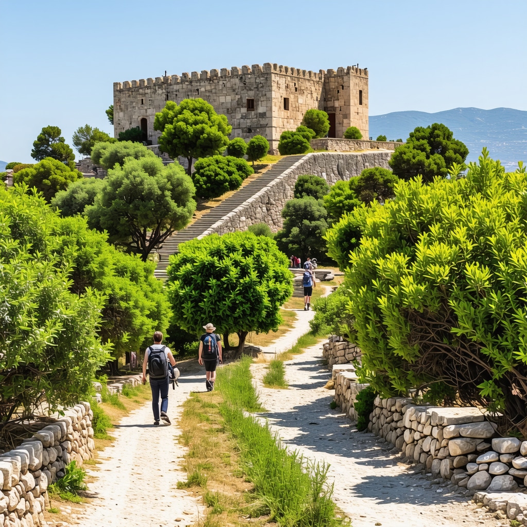 View of Palamidi Castle with hikers on stone paths and lush greenery around in Nafplio