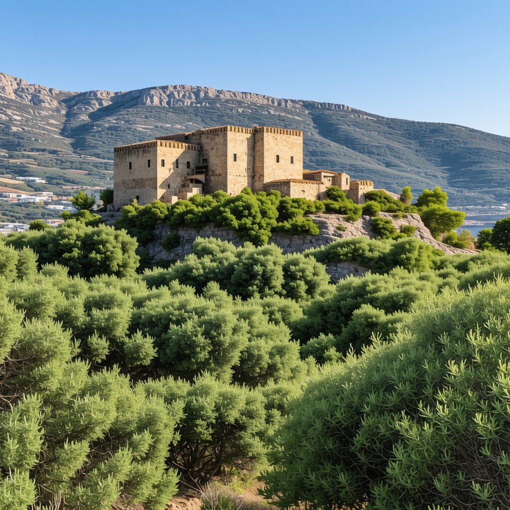 Historic Palamidi Castle with surrounding Mediterranean shrubland in Nafplio, Greece
