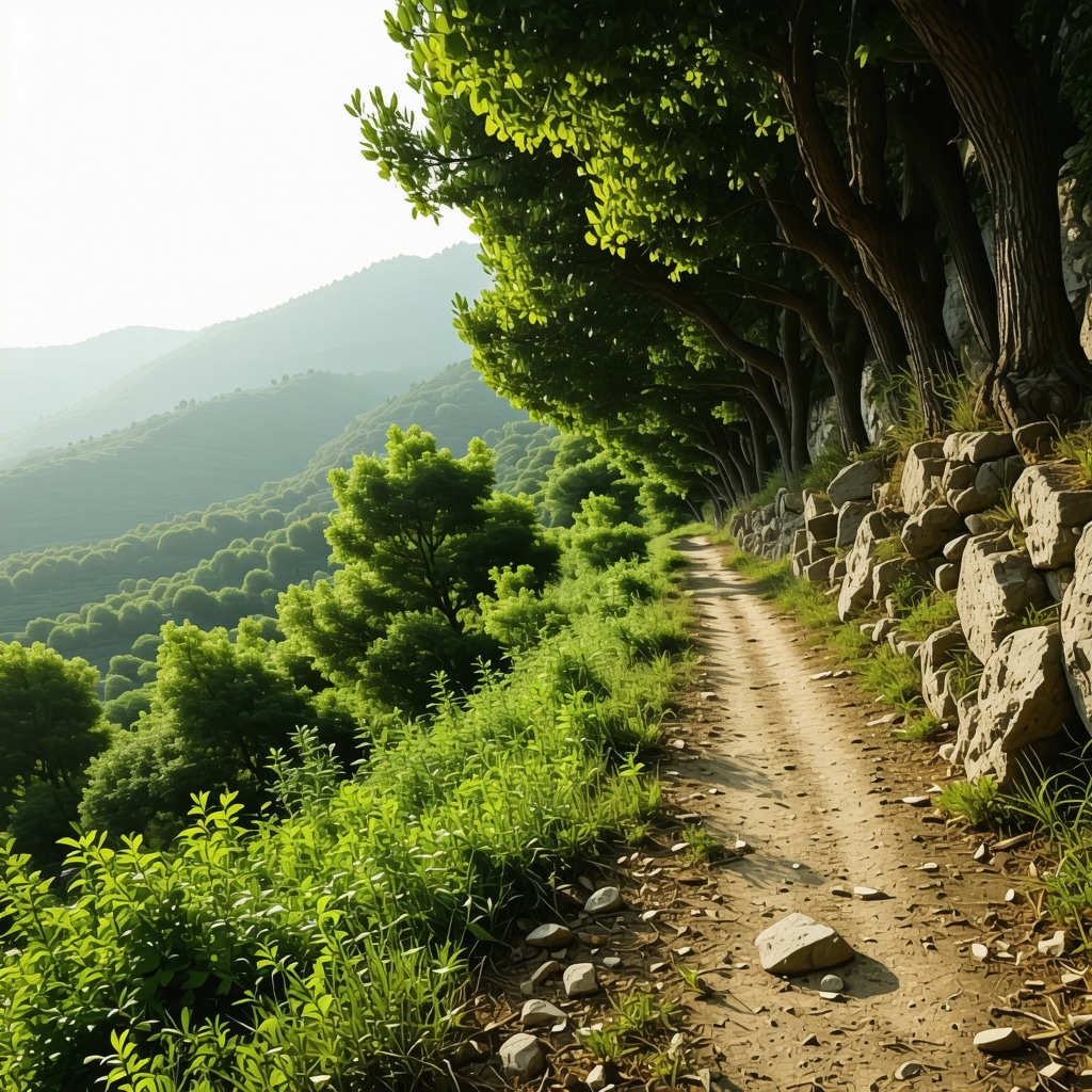 Morning hiking trail in Pangaio Mountains with sunlight and ancient ruins in the distance