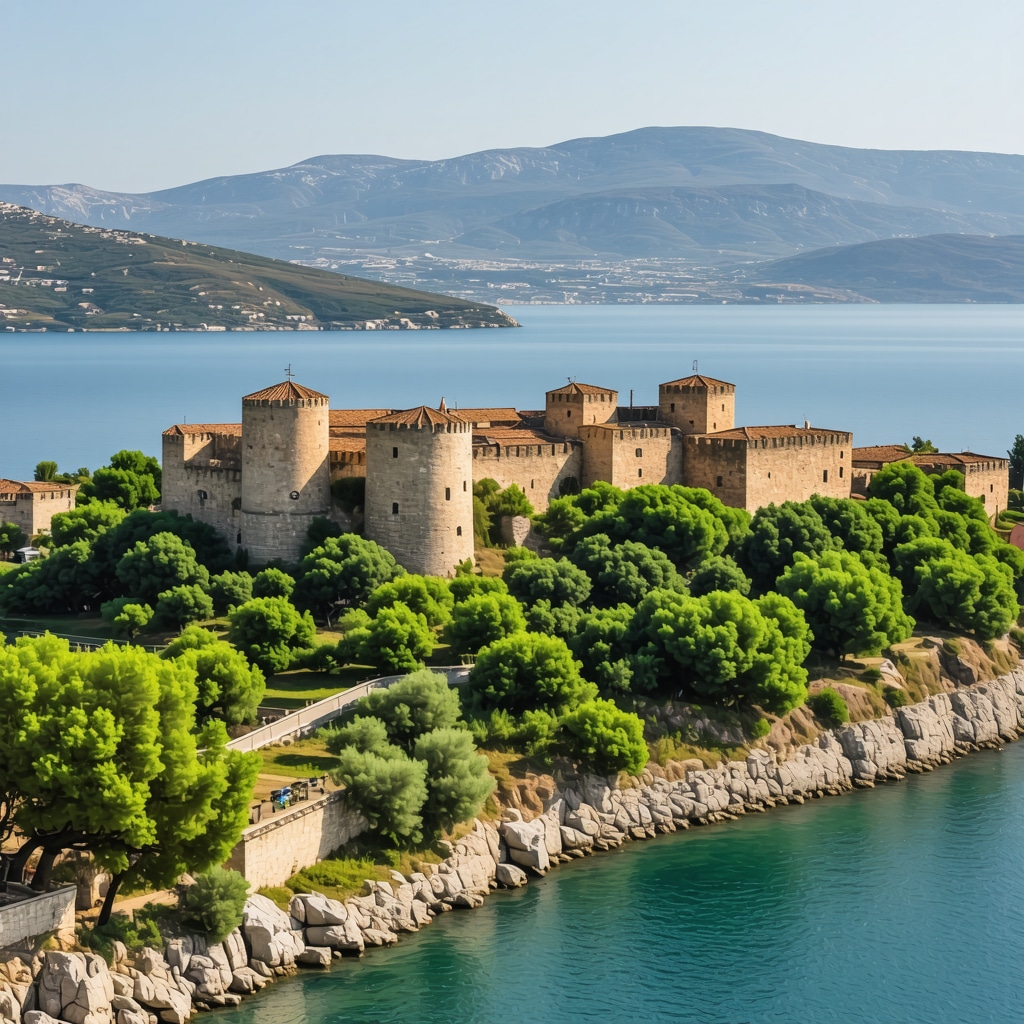 Panoramic view of Nafplio showing Palamidi Castle, lush nature, and augmented reality interfaces representing smart tourism