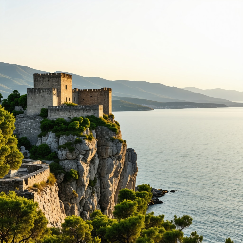 Sunset panorama of Vlorë fortress overlooking Adriatic Sea with mountains in background
