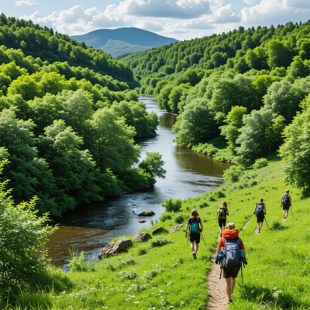 Eco-friendly hikers walking along lush forest paths beside the Đerdap River under a clear sunny sky