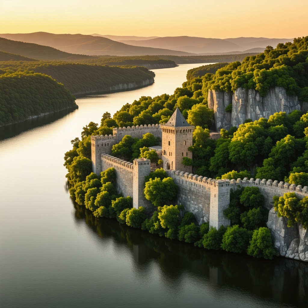 Aerial panoramic image of Golubac Kalesi with Danube River and surrounding greenery illuminated by sunset