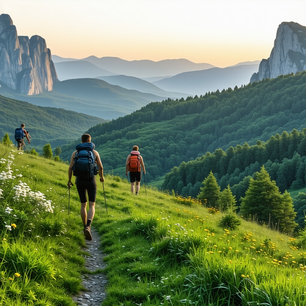 Hikers exploring Lovćen National Park trails with historical monuments visible at sunrise