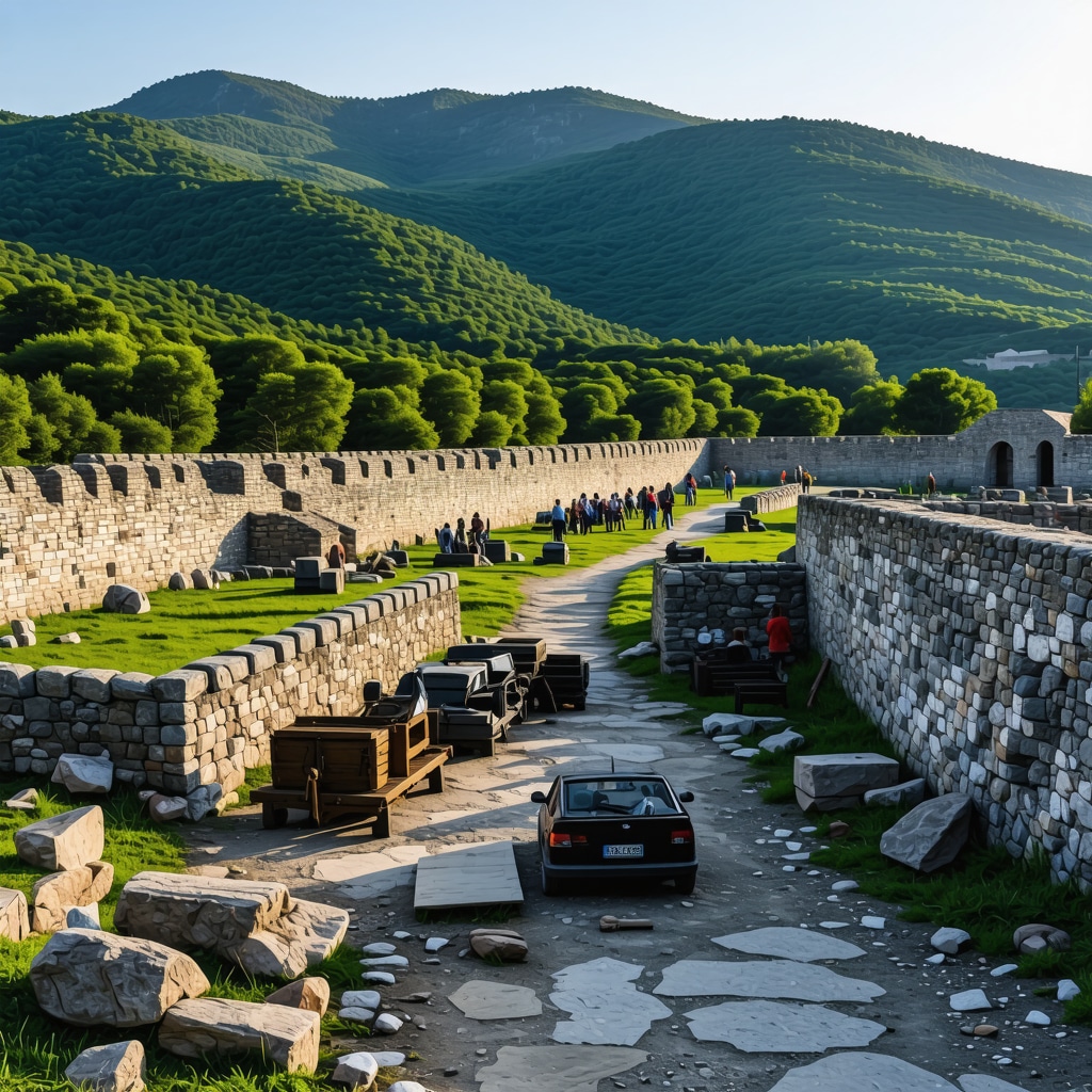 Stolac Kalesi medieval stone walls surrounded by green valleys with tourists and archaeological tools at sunset