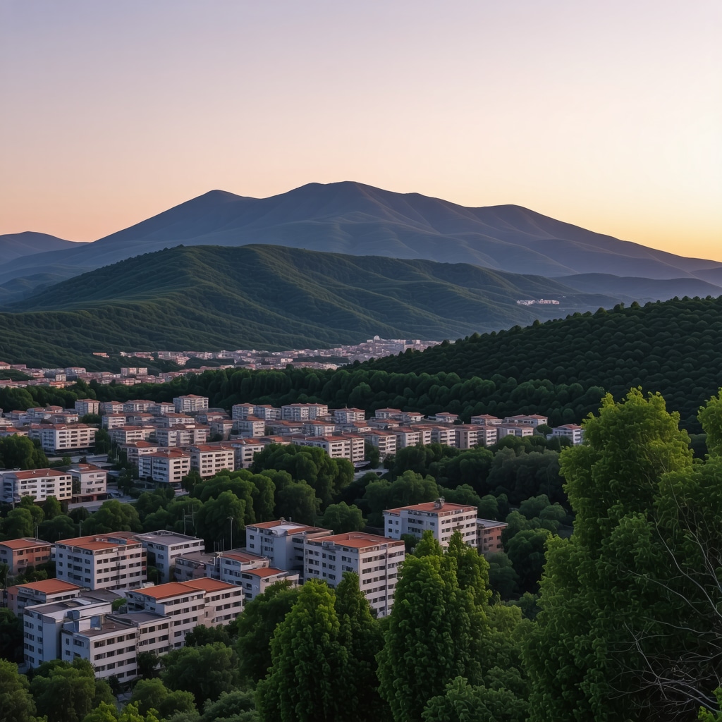 Panoramic sunrise view over Tirana city and Dajti Mountain National Park blending cultural and natural elements