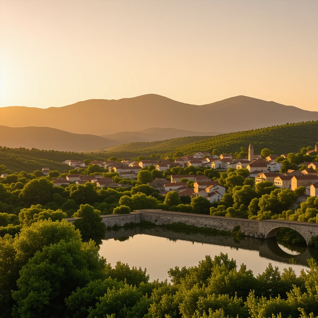 Trebinje historic buildings and natural landscape with hills and mountain