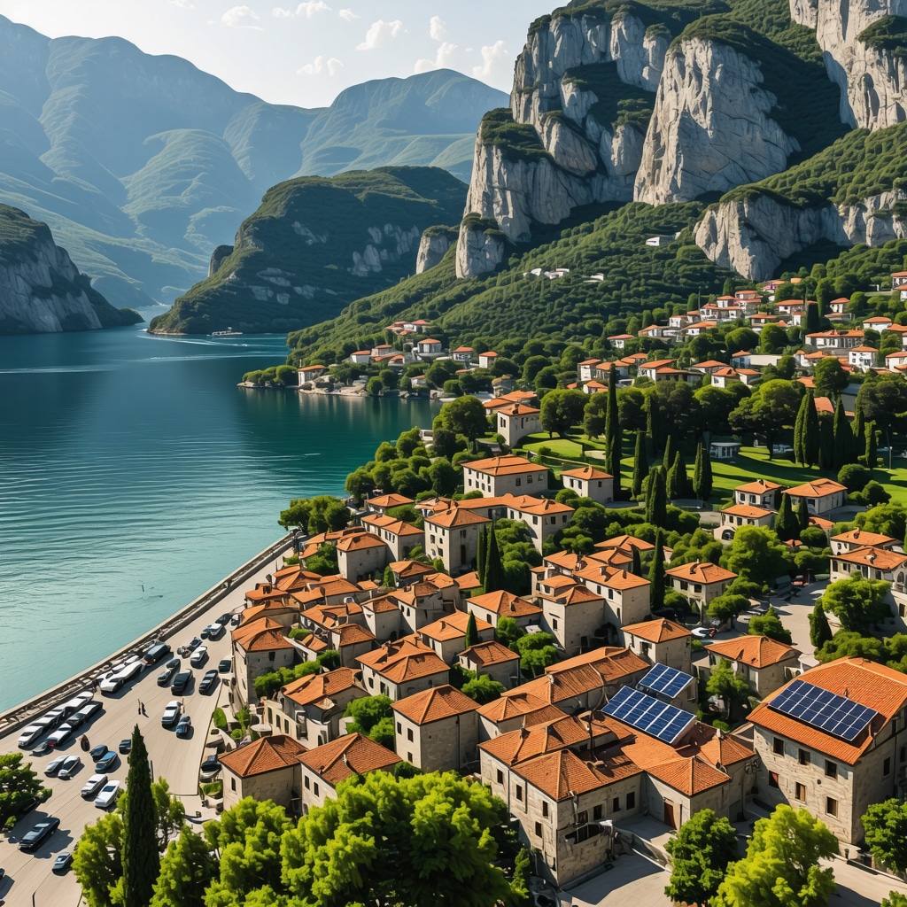 Aerial photo of Kotor bay with old town, mountains, walking trails and visible solar panels representing sustainable tourism
