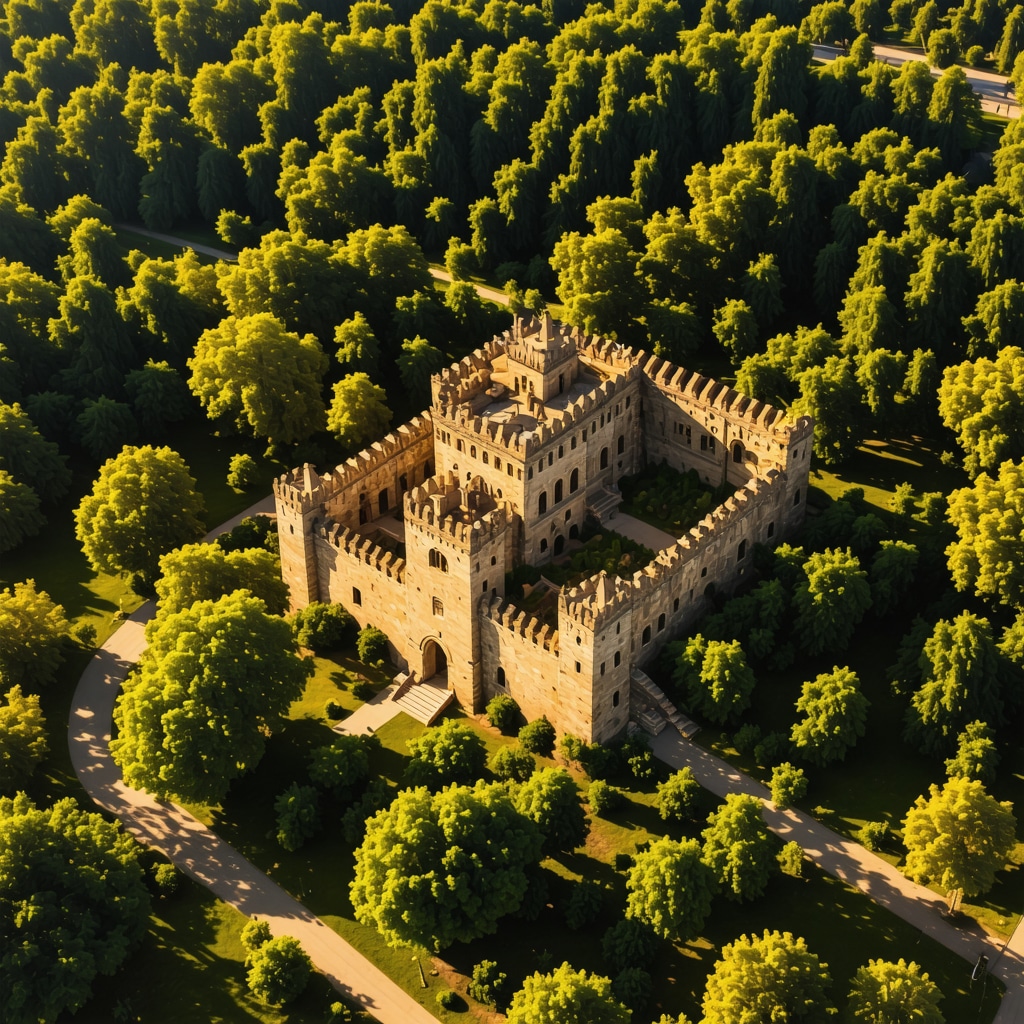Drone image showcasing Arad Castle and natural parks at sunset with warm light and shadows