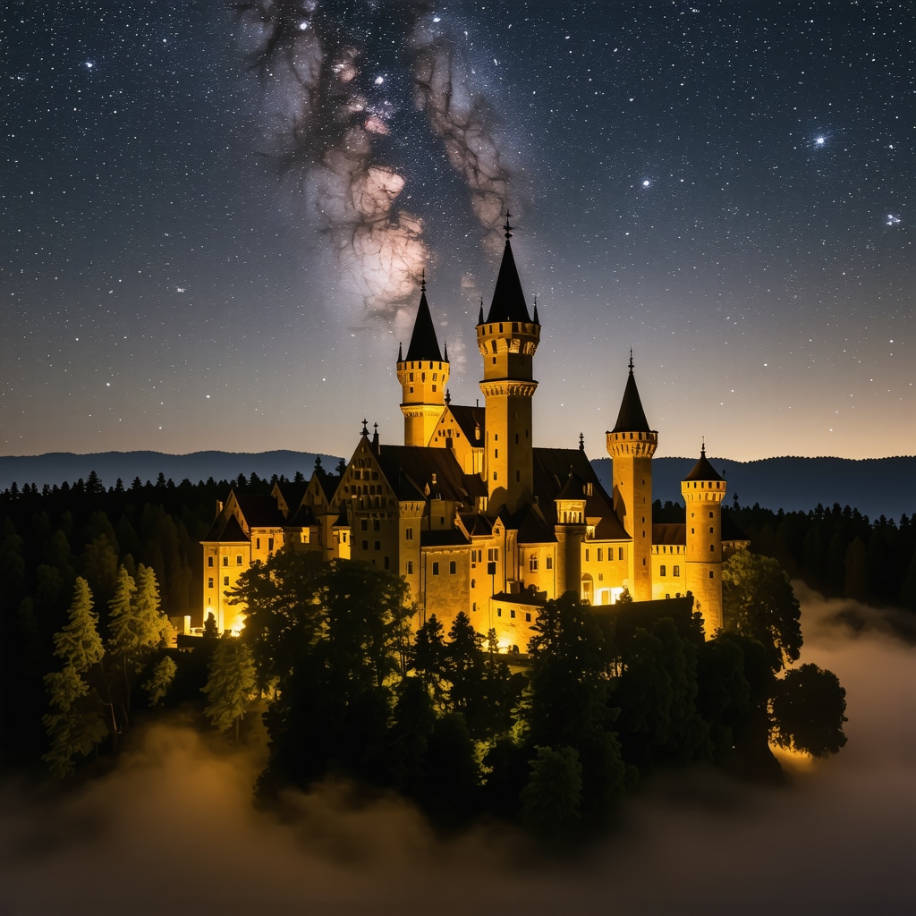 Panoramic night photograph of Peleş Castle illuminated with star trails and mist in the forest