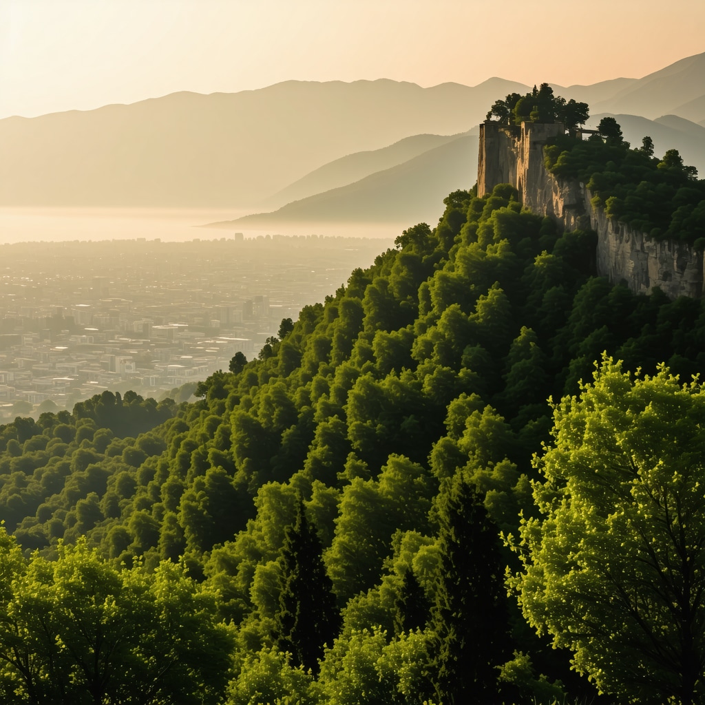 Panoramic view of Trebević Mountain and Sarajevo cityscape at sunrise with lush greenery and mist