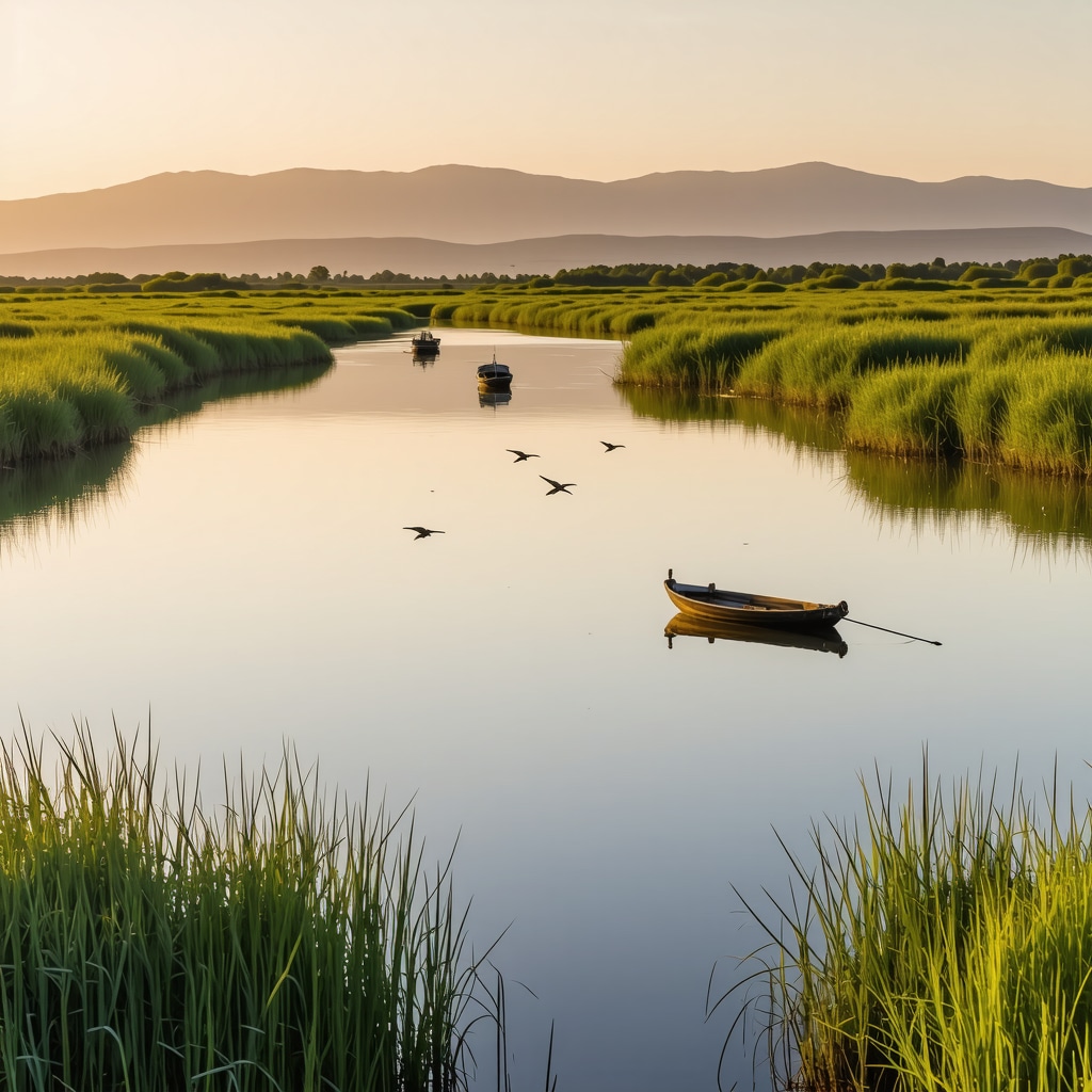 Sunrise view of Ulcinj's Ada Bojana Delta featuring wetlands, birds in flight, and traditional fishing boats