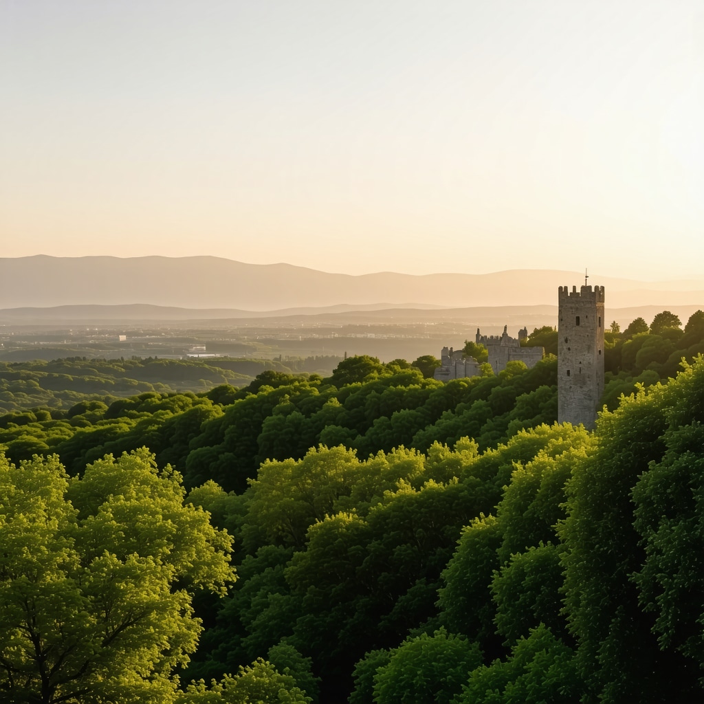 Scenic panoramic of Arad's hiking trails and historic castles surrounded by lush greenery at sunrise