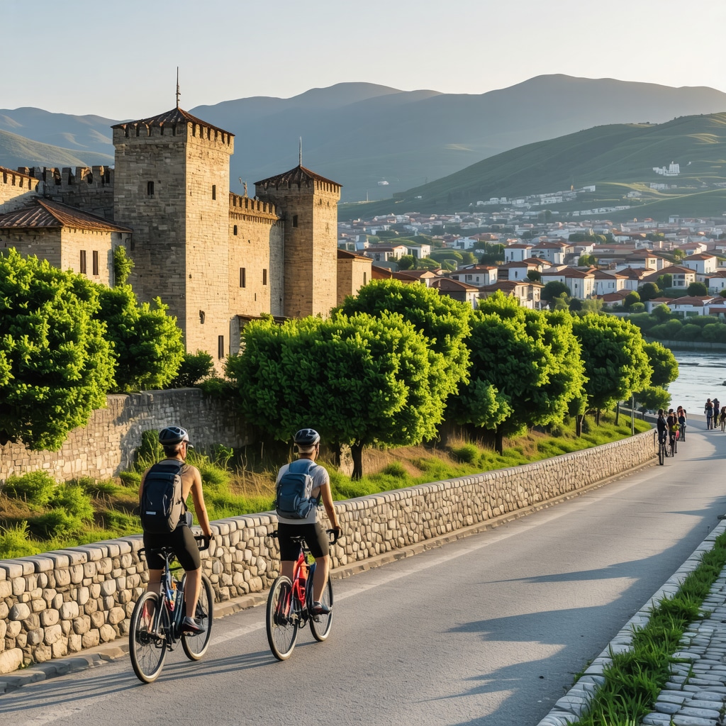 Berat cityscape displaying historic castle, traditional stone houses, Osum River valley with cyclists and birdwatchers